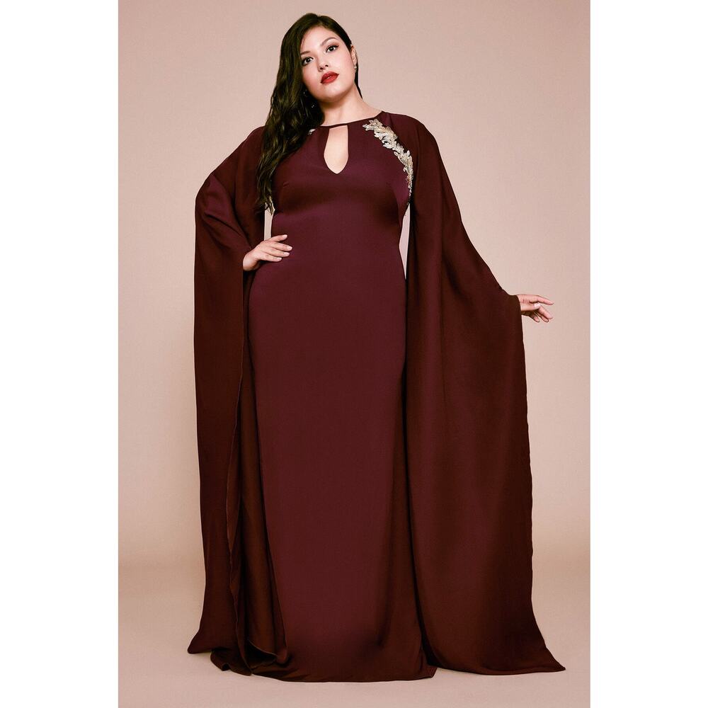 Tadashi Shoji Burgundy Nox Cape Sleeve Crepe Maxi Kaftan Gown Dress Size 16